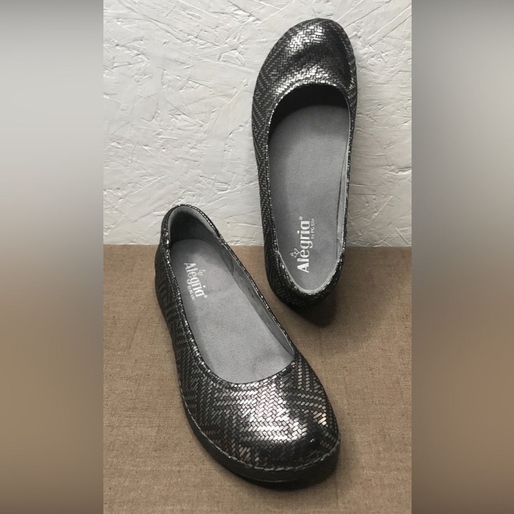 Excellent Alegria Petal Women's Ballet Flats Pewter Dazzler Leather Size 9 (532)